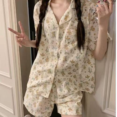 

Japanese cute striped bear pajamas women s summer short-sleeved shorts suit beautiful girls can wear casual loungewear xxl [recommended weight 67.5-75kg ]