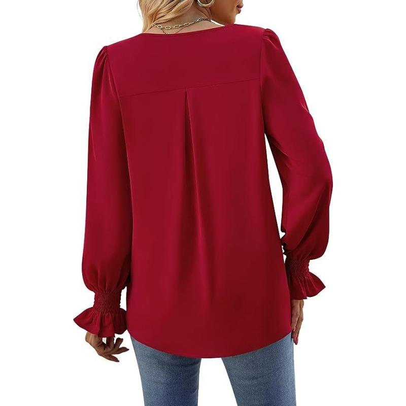 V-neck Pullover Chiffon Shirts Flared Long-sleeved Women's Blouses & Shirts