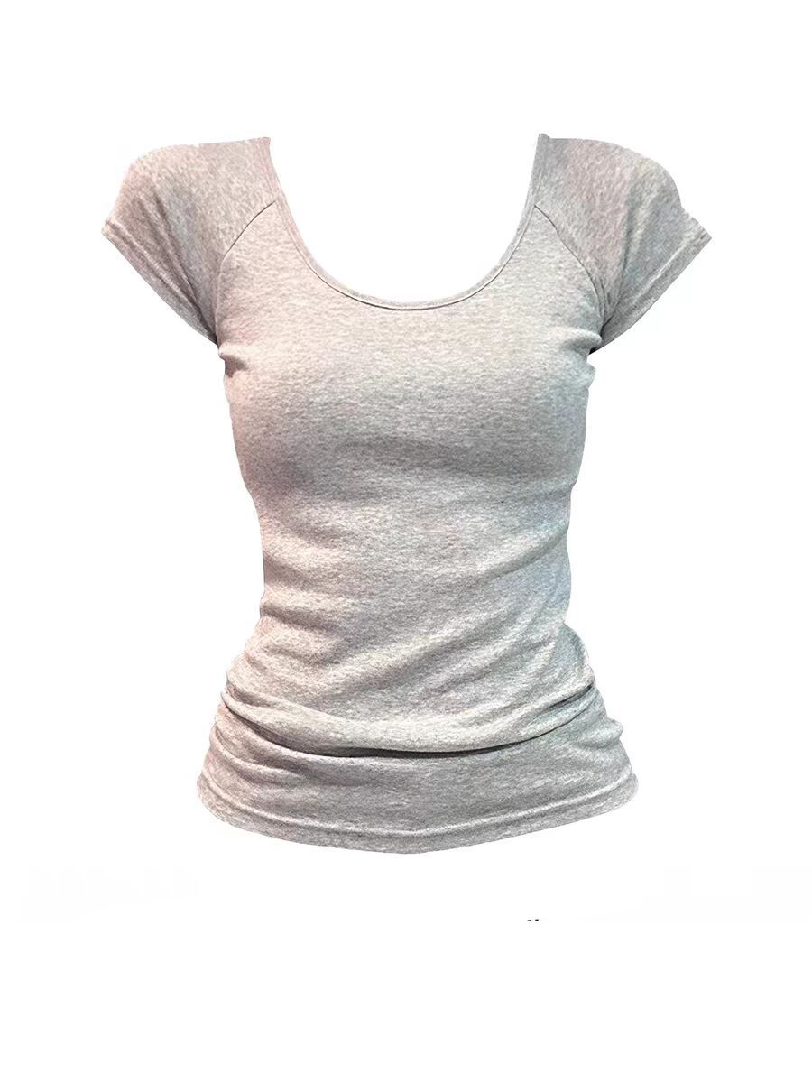 

American retro U-neck short-sleeved T-shirt women s summer new front shoulder slim and thin pure desire Spice Girl versatile top l [recommended 57.5-65kg ] сірий колір