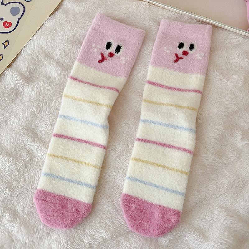 Pink Australian Velvet Socks Medium Tube Socks Season Warm, Piled And Thickened Cute Expression Cartoon Plush Sleep Socks