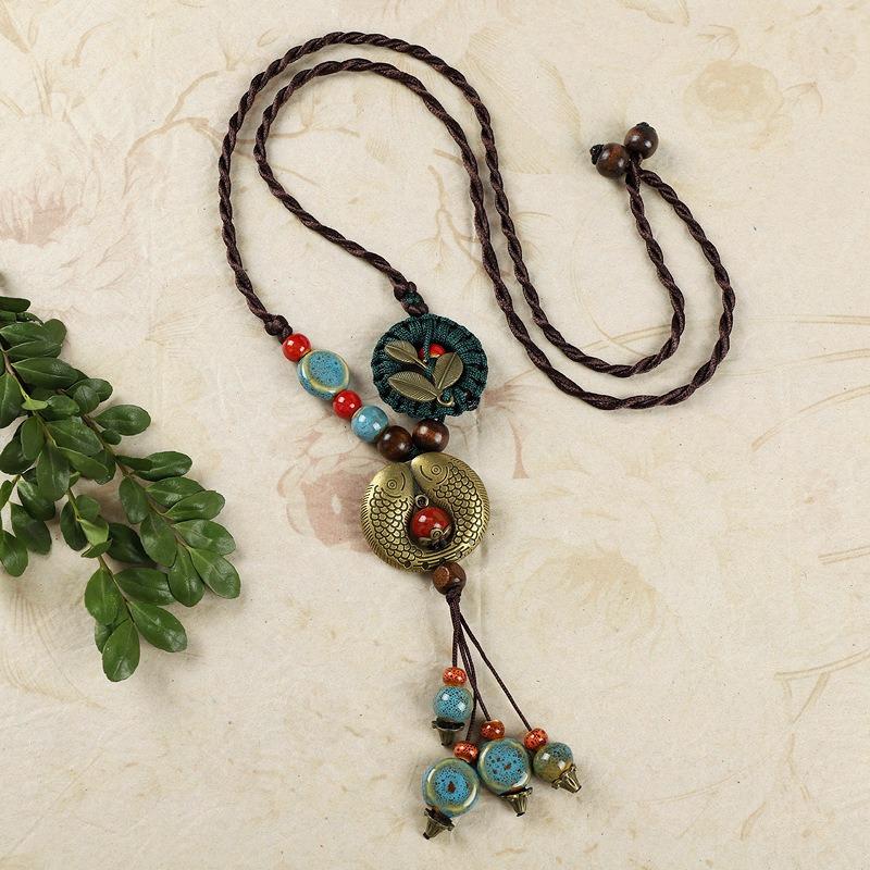 New Forest handmade ceramic necklace, women's retro versatile sweater chain simple long accessories pendant