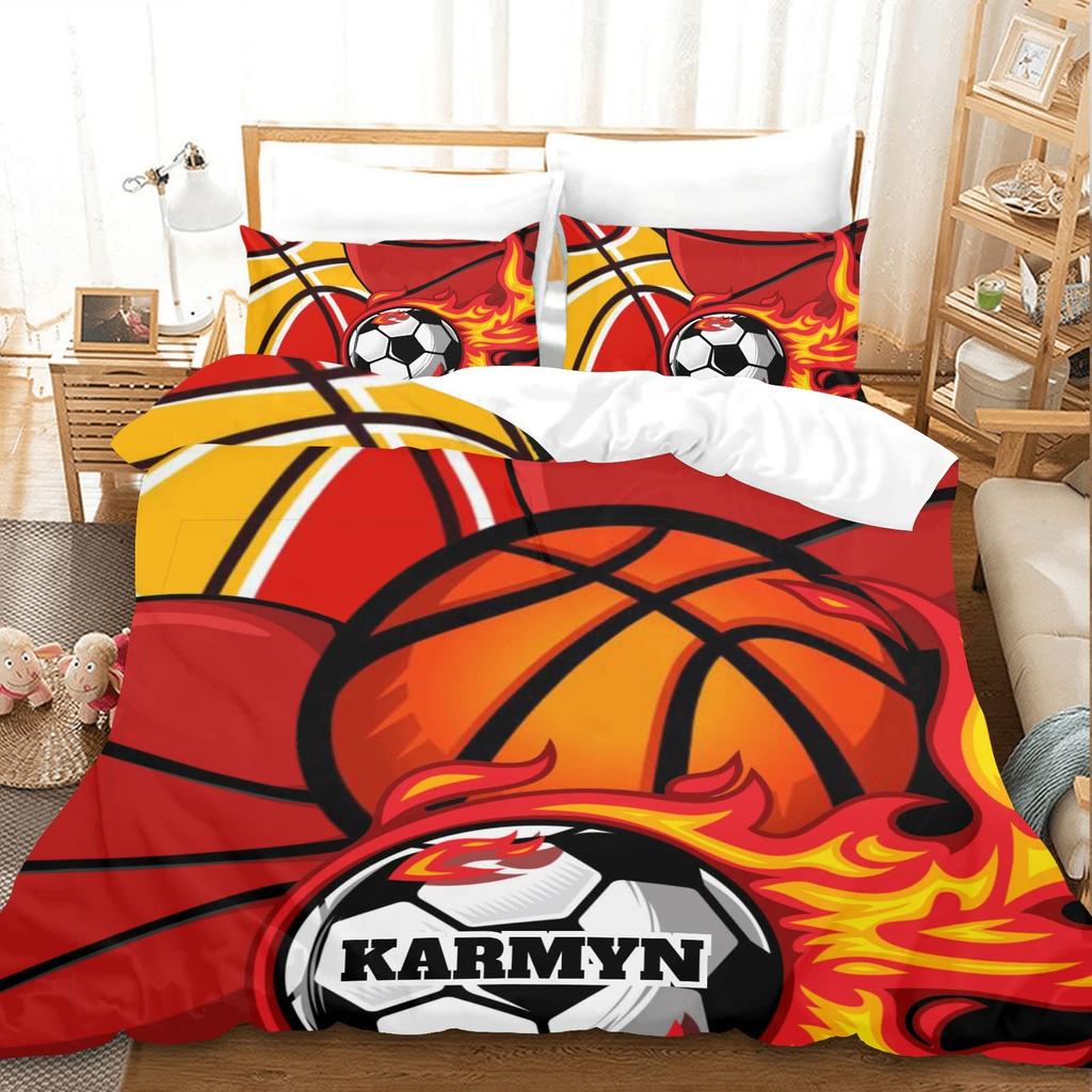 Name Soccer Duvet Cover For Boys Teens Blue Flame Soccer Bedding Collection Personalized Sports Comforter Cover Bedroom Decor