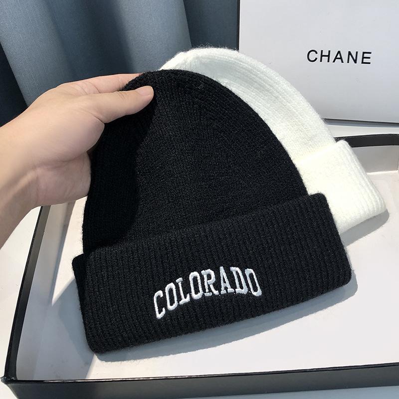 Knitted Hat Women's Autumn and Winter Letter Embroidery Wool Hat Warm Versatile Pullover Ear Protector Cold Hat Men's Trend