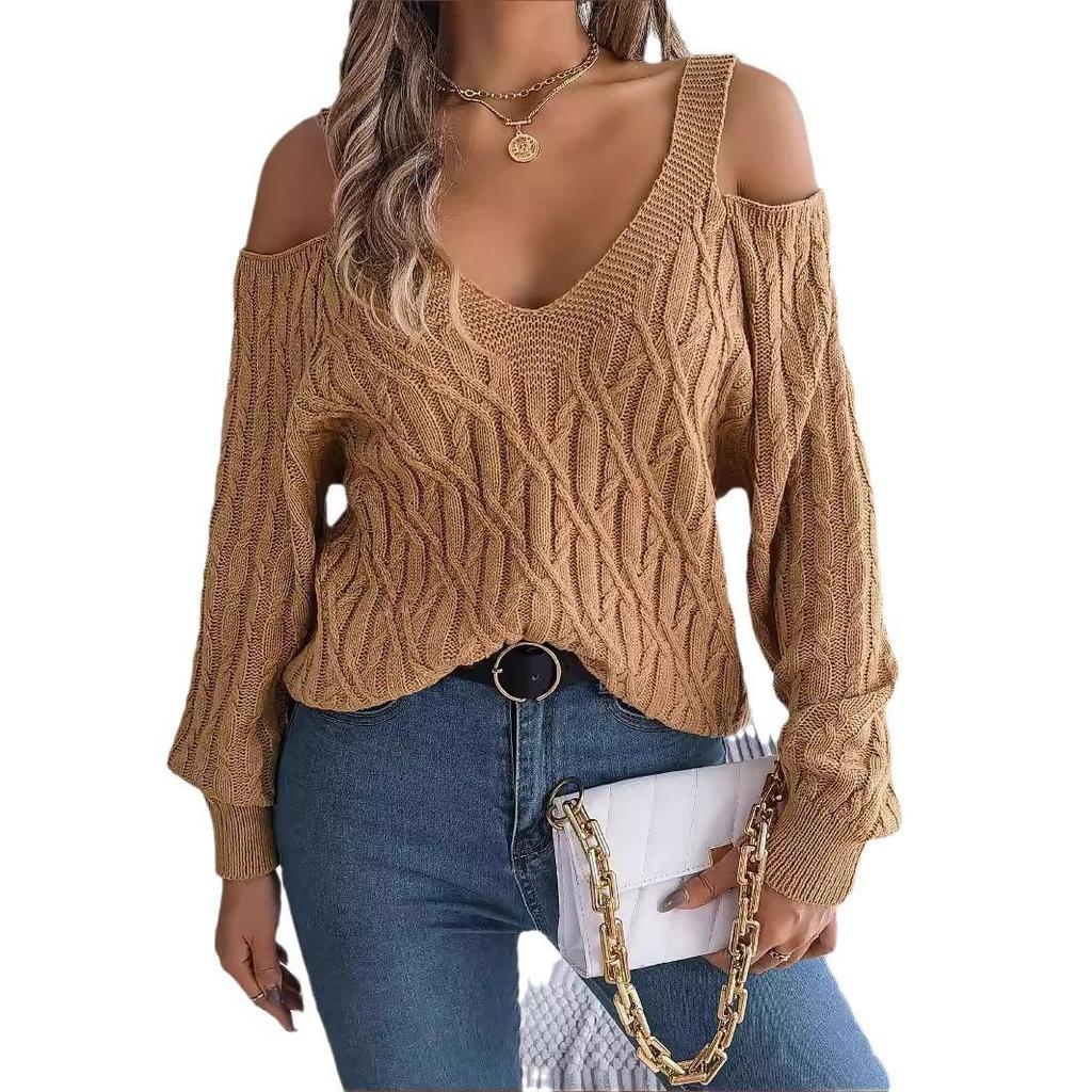 2025 Autumn/Winter Off-the-Shoulder Cable Knit Lantern Sleeve Sweater for Women