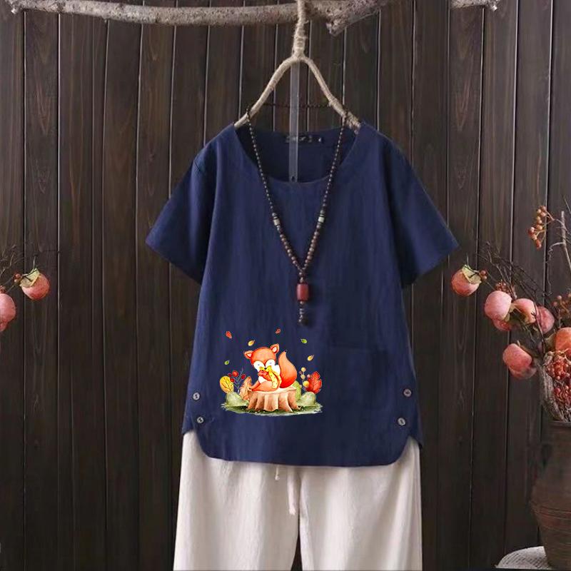 

Футболка из хлопка и пеньки с принтом животных лисы и V-образным вырезом для женщин - Лето 2025 г., повседневная 4XL темно-синий