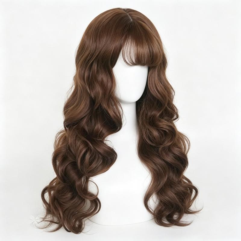 Long Wavy Brown Wig with Bangs Synthetic Women Lolita Cosplay Fluffy Natural Heat Resistant Hair Wig for Daily Party