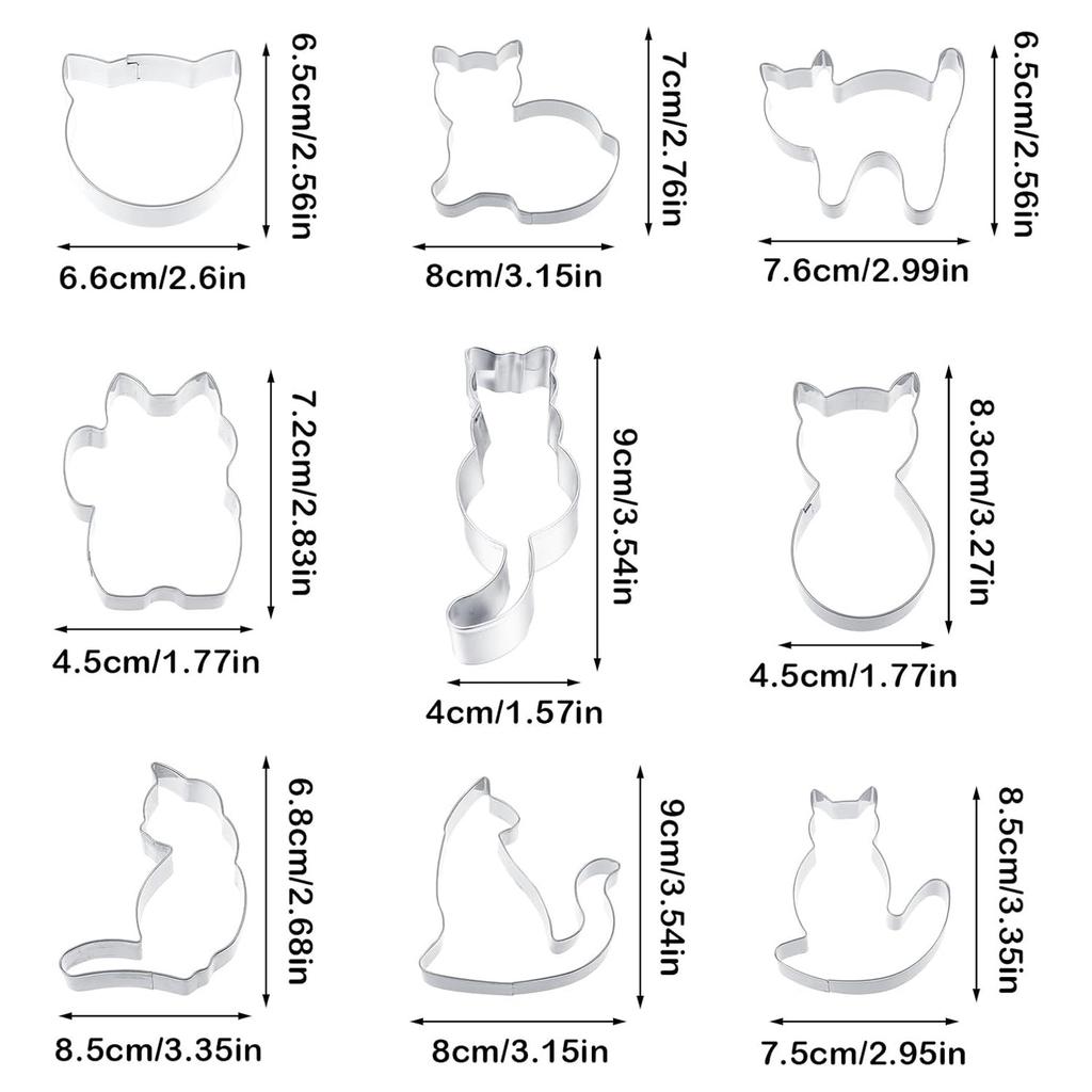 9 Piece Cat Cookie Cutters Set Stainless Steel Perfect for Kids Party Halloween Christmas Easy To Use and Clean
