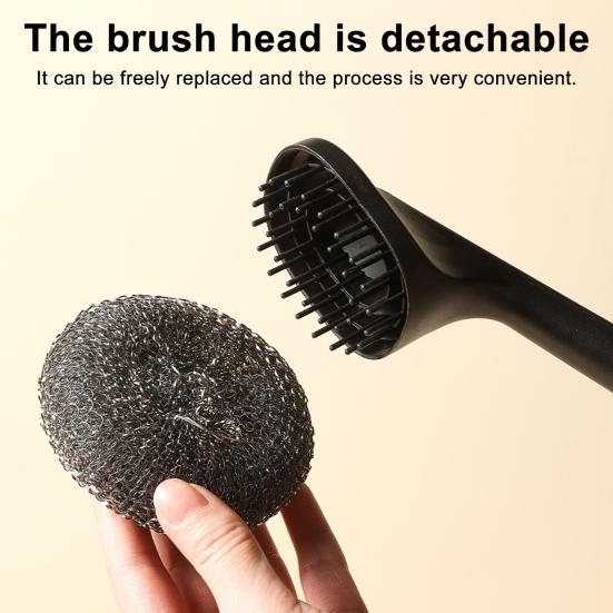 Pot Brush with Steel Ball Head Anti-Slip Grip Hanging Hole Long Handle Dishes Scrubber Kitchen Cleaning Tool