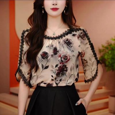 Camicia Stampata alla Moda e Ringiovanente Versatile Top Versatile in Pizzo Stile Occidentale Estivo Nuovo Largo Modellante