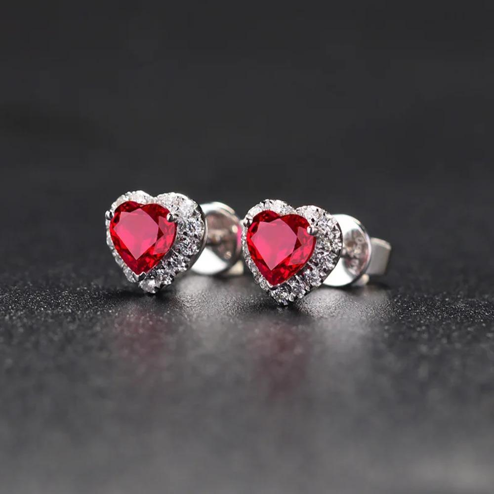 925 Silver Love Heart Earring Luxury Female Ruby Red Stone Stud Earrings For Women Wedding Party Birthday Gift