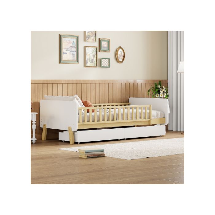 Lit d'enfant - MUVOE - 90x190 - Bois massif - 2 tiroirs - Blanc