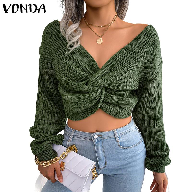 VONDA Women Casual Autumn V Neck Long Sleeve Twisted Cropped Sweaters Knitwear