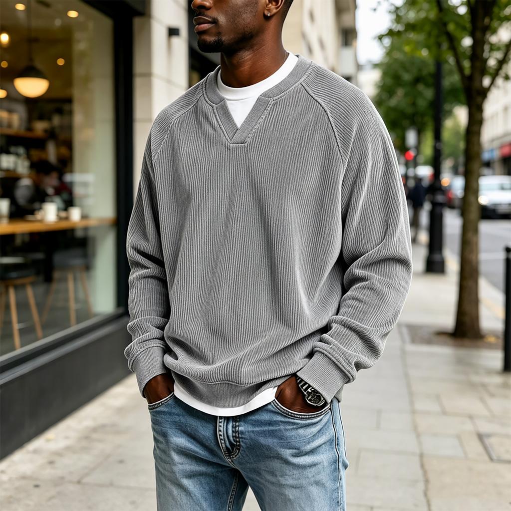 Men's V-neck Faux Two Piece Corduroy Long Sleeve Casual Sportswear T-shirt