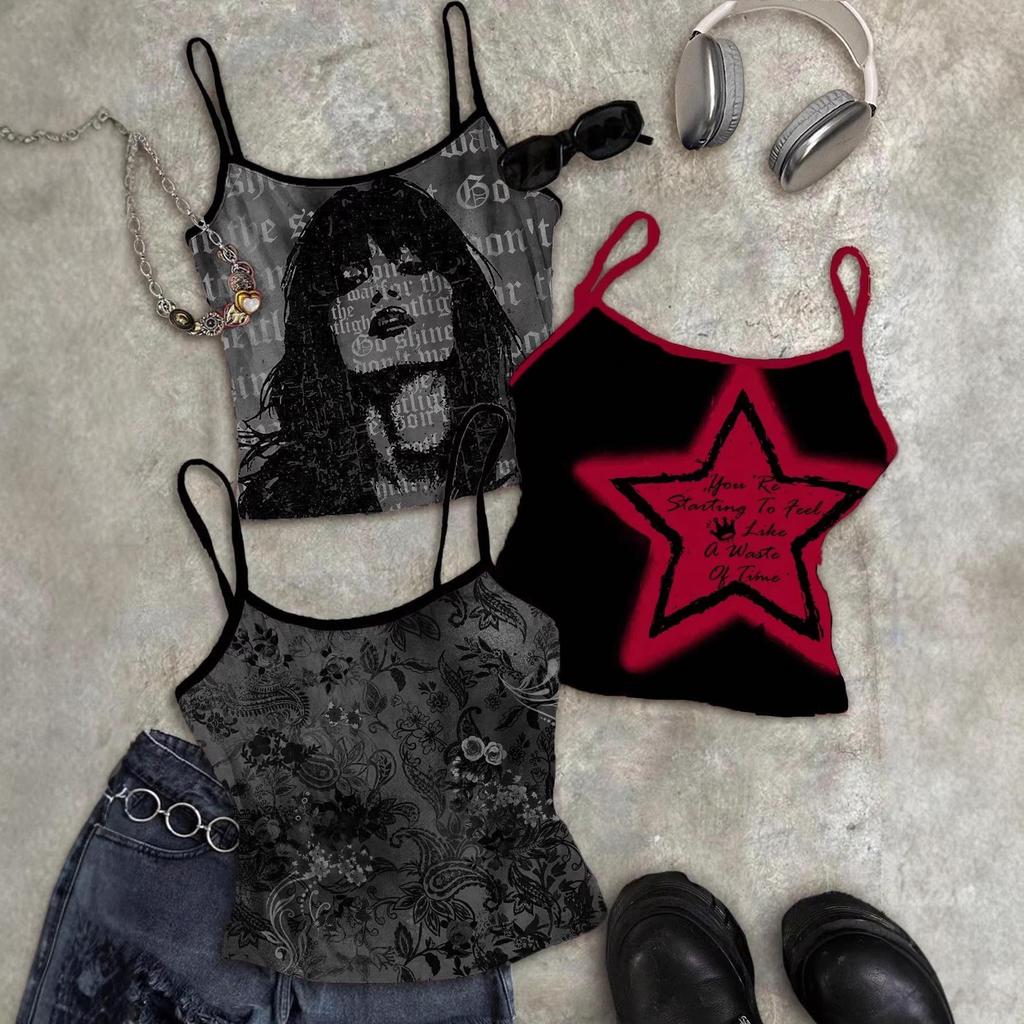 2026 Summer Red & Black Star Print Spaghetti Strap Slimming Tank Top for Women