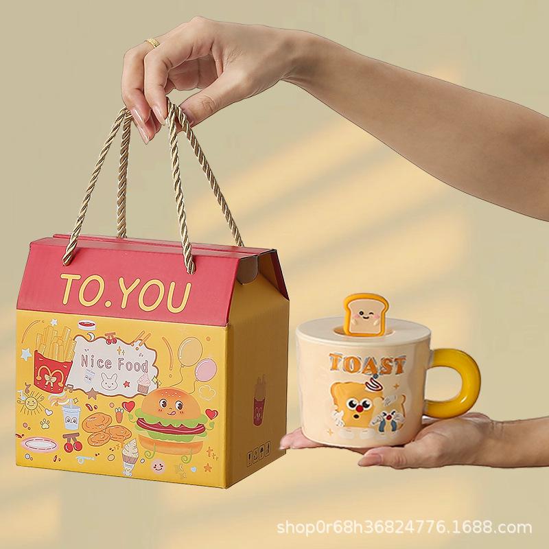 Cute Ceramic Cup Household Mug with Lid Spoon Cartoon Water Cup Female Student Dormitory Breakfast Milk Coffee Cup
