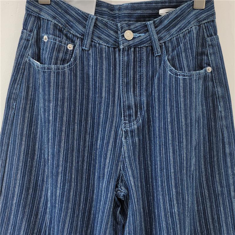 Women's High Waist Washed Striped Loose Straight Wide Leg Vintage Casual Denim Pants Summer Fashion