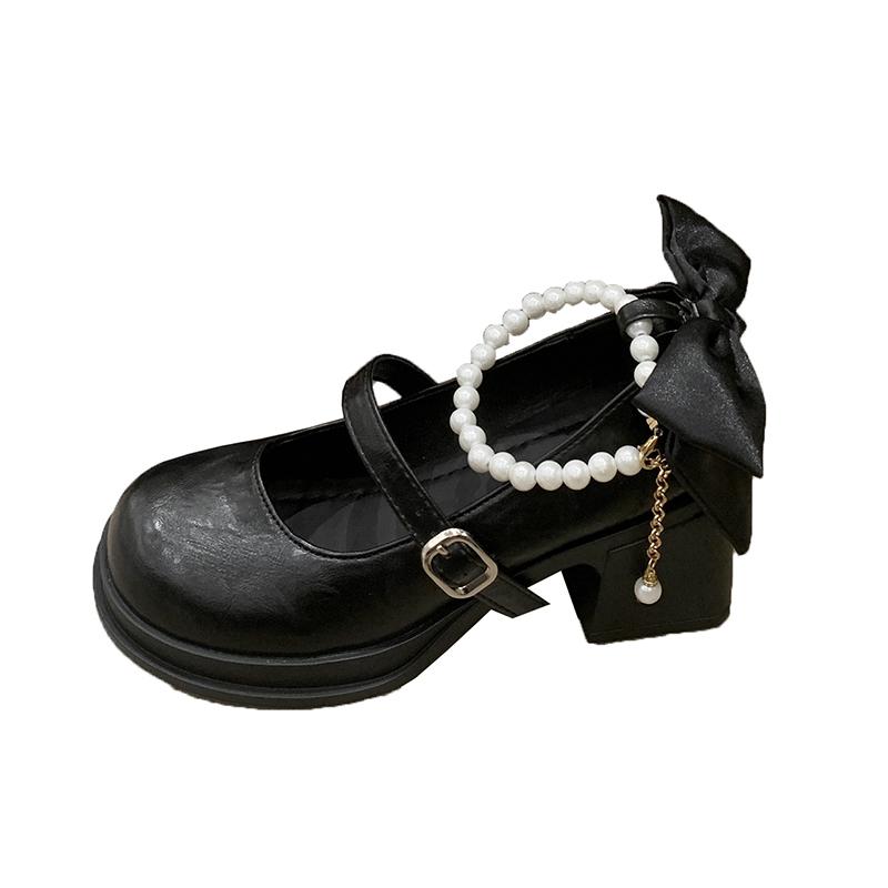 Fashion Butterfly-knot Thick Heel Women Mary Jane Shoes Fashion Shallow Pearl Ankle Buckle Shoes Ladies Outdoor Dress Pumps