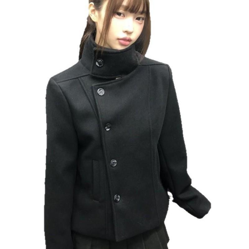 Womens Black Cotton Padded Short Wool Jacket Slim Fit Stand Collardiagonal Buttondiagonal PlacketWomens