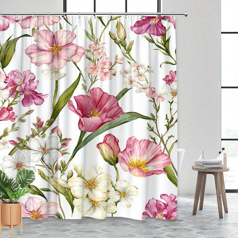 1Pc Floral Watercolor Shower Curtain, Polyester Fabric, Machine Washable, With Hooks, Suitable For Bathroom Decoration
