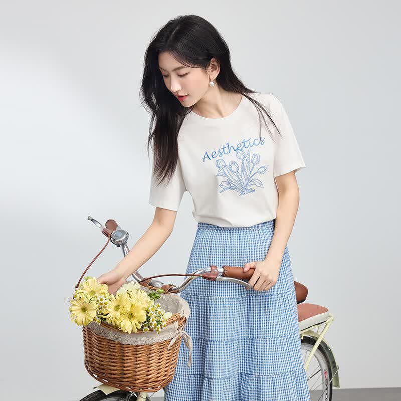 sllsky Women s 2026 Summer High-Waisted Plaid Tiered A-line Skirt XL