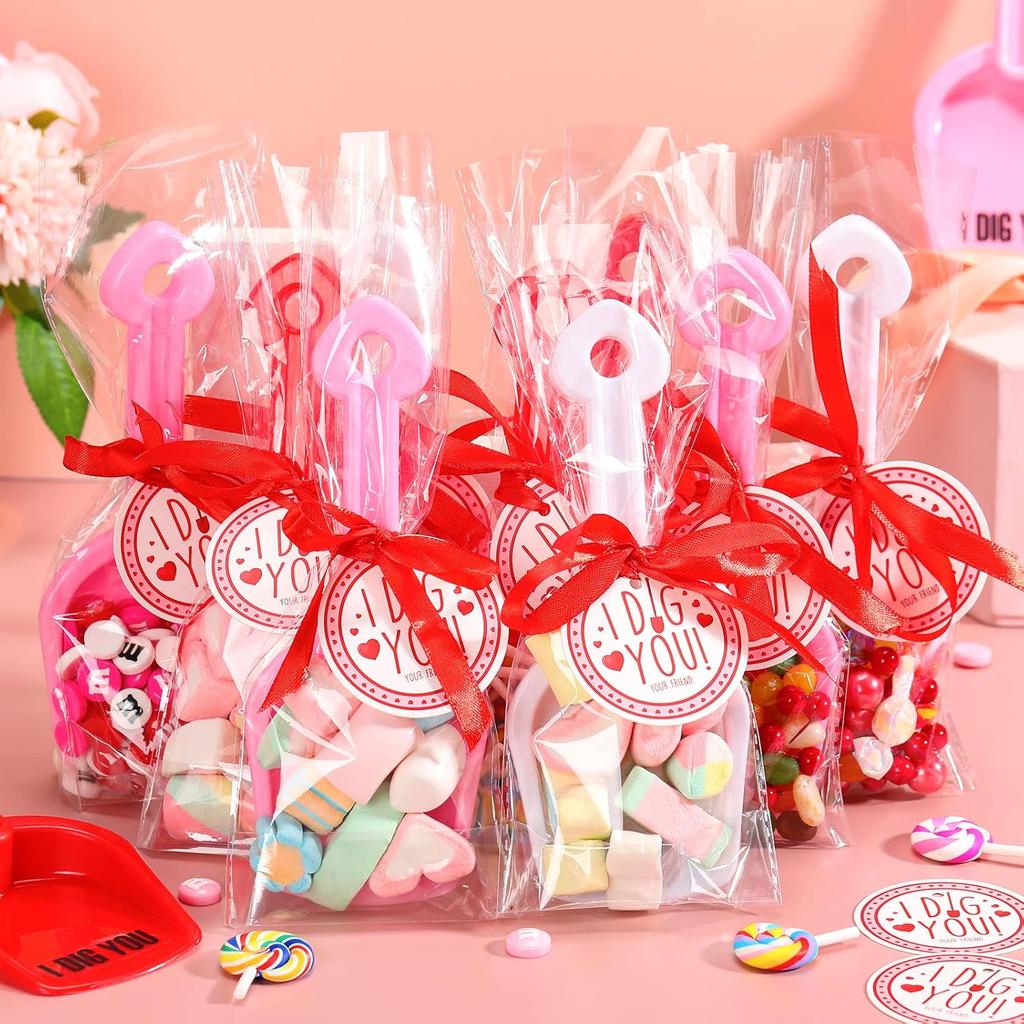 Chumia Valentine's Day Plastic Toy Shovels I Dig You Toy Shovels Set with I Dig You Stickers Valentine Tags with Ribbon Favor(133 Pieces)
