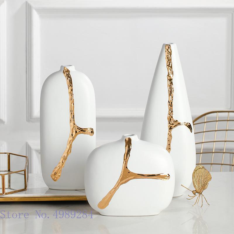 

Creativity White Ceramic Vase Golden Branches Flower Arrangement Hydroponics Modern Home Decoration Wedding Flower Vase