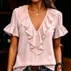 Women's Fashion V Neck Ruffle Short Sleeve Casual Blouse Lightweight Button Front Top for Everyday Wear