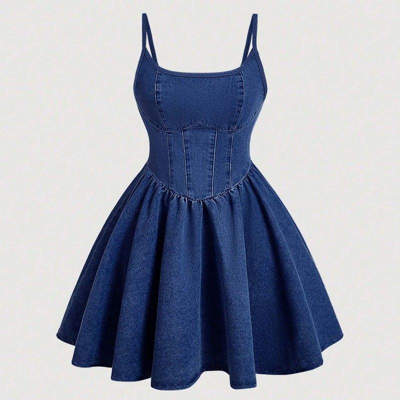 

Magic Queen Small Summer Lolita High Waist Slim fit Sling Fluffy Umbrella Skirt Draping Cutting/three-dimensional Cutting Demin dress Dark blue 2XL