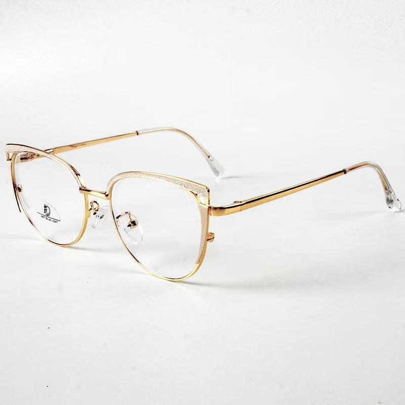 European and American new fashion anti-blue glitter glasses cat eye frame female metal personality trend versatile street shot flat mirror
