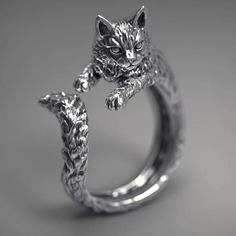 Cute Cat and Mouse Shape Open Ring for Women Antique Silver Color Modern Fashion Girls Finger Accessories Hip Hop Party Jewelry