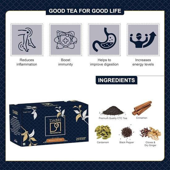 Dabri Masala Tea Premium 50 Double Chamber Dip Tea Bags|Pack of 2 X 25 Bags|Kadak Masala Chai Patti Powder with Natural Spices|Rich Aromatic Blend