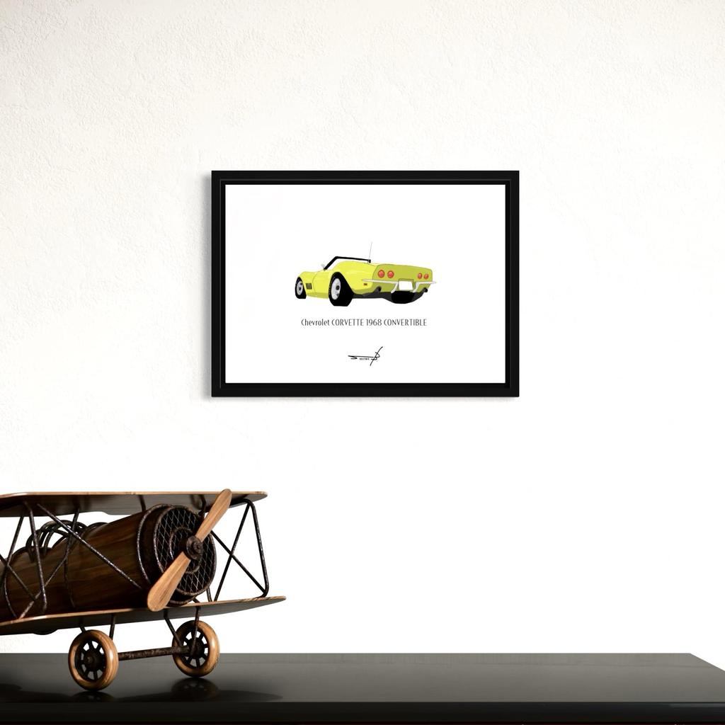 Vintage Car Pop Art Poster, American Car, A4 Framed, Chevrolet Corvette 1968 (Yellow/A4 Framed (Black Frame))