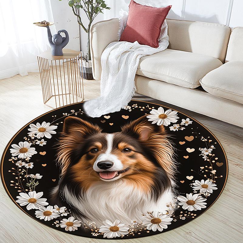 Collie Dog Round Area Rug,Carpet Rug for Living Room Bedroom Sofa Playroom Decor,Non-slip Floor Mat