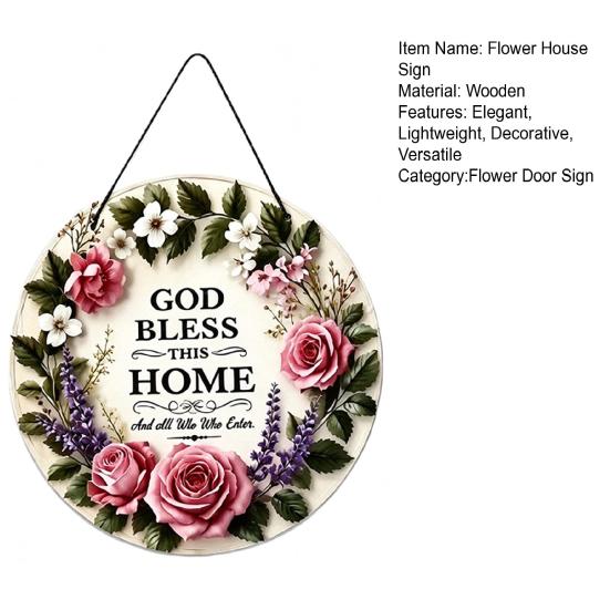 Gott Segne Dieses Haus Holzschild für Tür, Runde Florale Wanddekoration, Christliches Glaubens-Segensschild, Warme Willkommens-Veranda-Hängedekoration, Bedeutungsvolle Einweihungsfeier