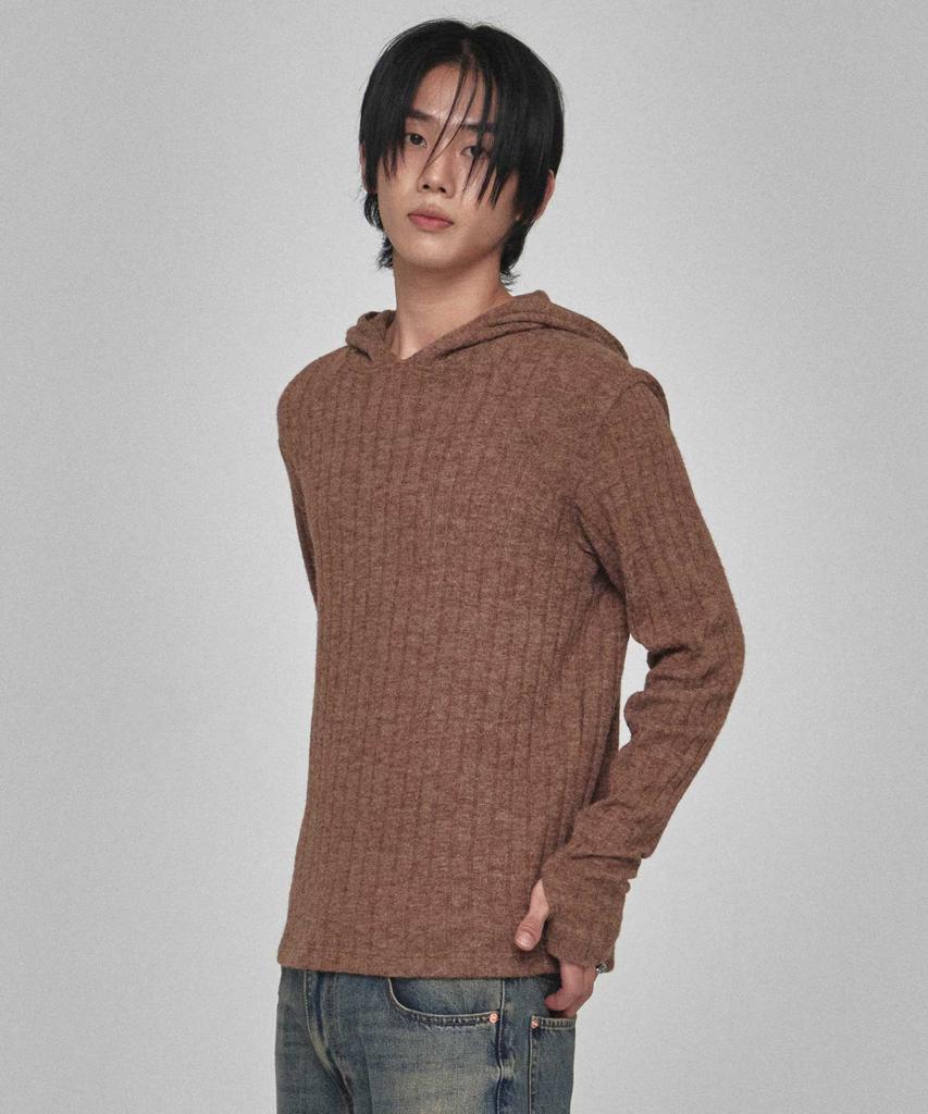KICHUL Cozy Ribbed Knit Hoodie (Brown)