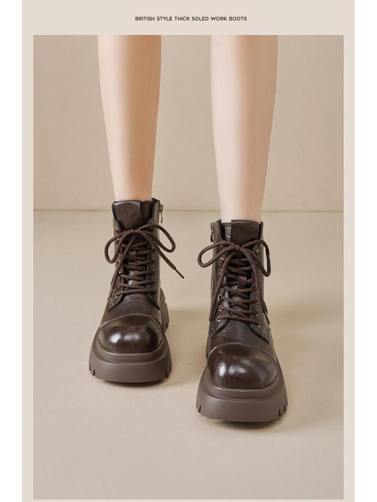 Augusden Women's 2025 Autumn Brown Chunky Heel Platform Ankle Boots - English Style Motorcycle Design