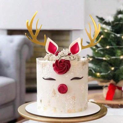2pcs/set Gold Acrylic Deer Antler Cake Plug-in for Christmas New Year Birthday Party Cake Topper DIY Decoration Supplies