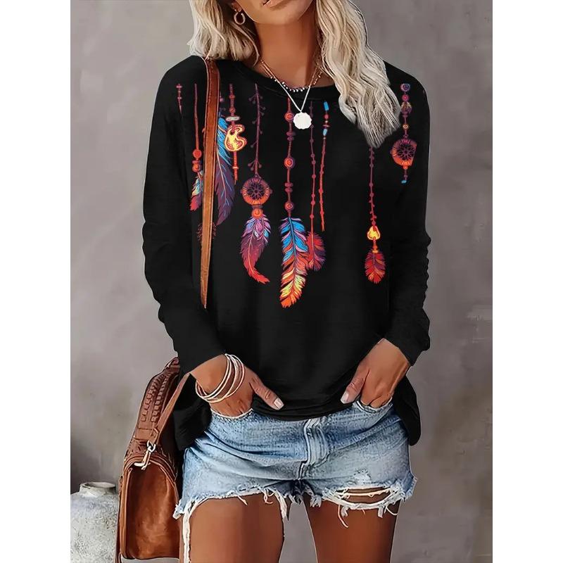 Retro Women's Long-Sleeve T-Shirt Western Ethnic Floral Round Neck T-Shirt Top 2025 Fall OverSize Women's Clothing