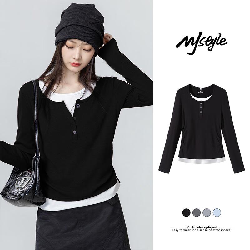 

MJ STYLE Women s Faux Layered Ruched Slim Fit Long Sleeve T-Shirt XL