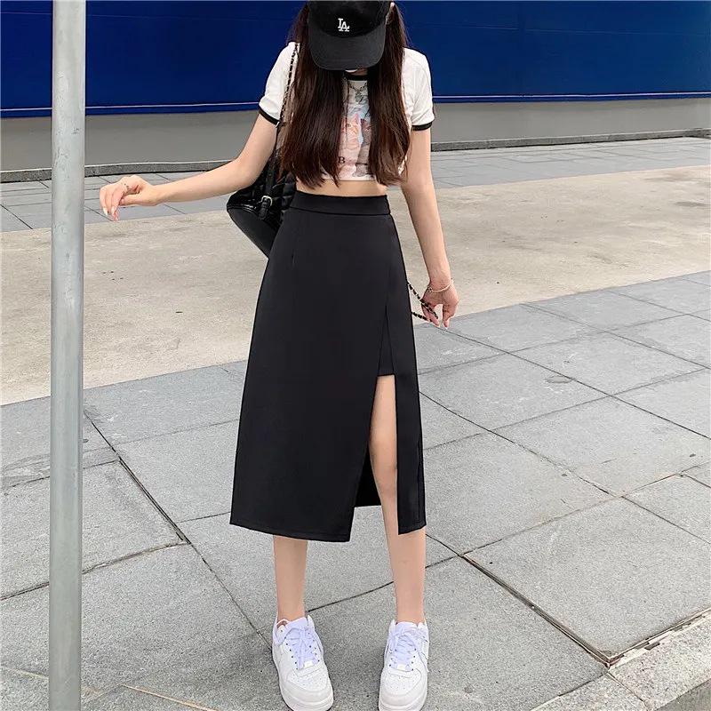 Korean Style High Waist Slit Midi Skirt - Summer A-line Slim Fit