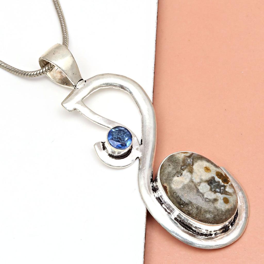 Ocean Jasper Tanzite Gemstone Mother's Day Silver Jewelry Pendant 2.75"