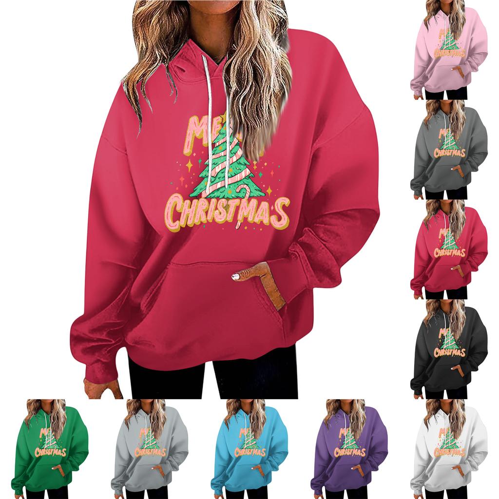 Damen Casual Mode Weihnachten Bedruckte Buchstaben Lässiges Kapuzensweatshirt mit Taschen