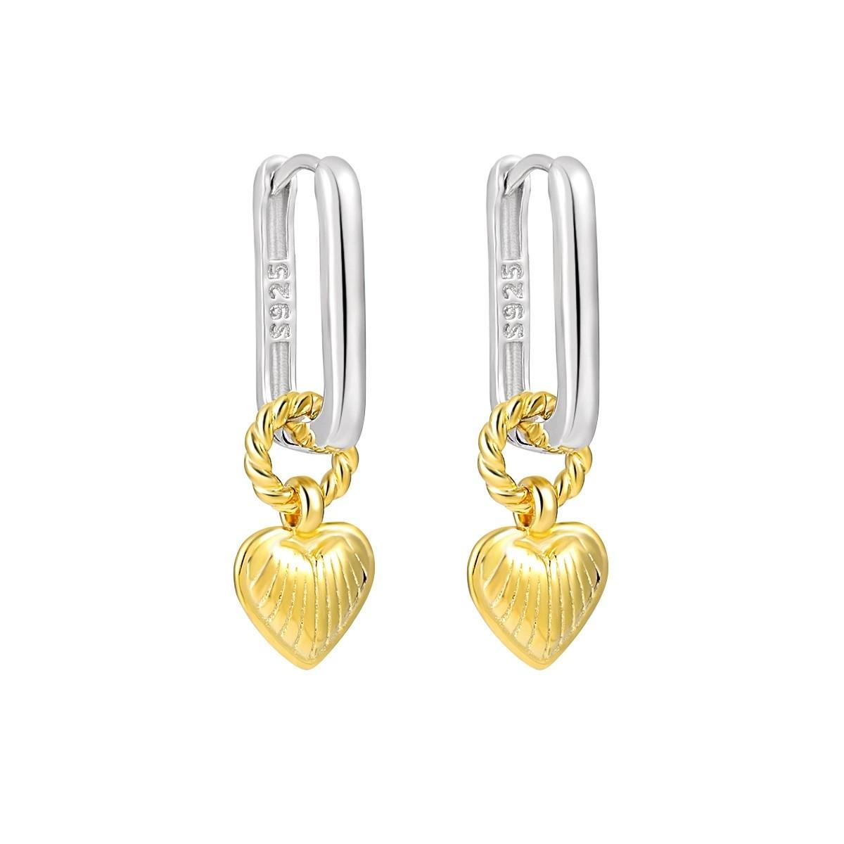 925 Sterling Silver 18K Gold Plated Two-Tone Gold & Silver Heart Drop Hoop Earring for Women Wedding Gift Fine Jewelry