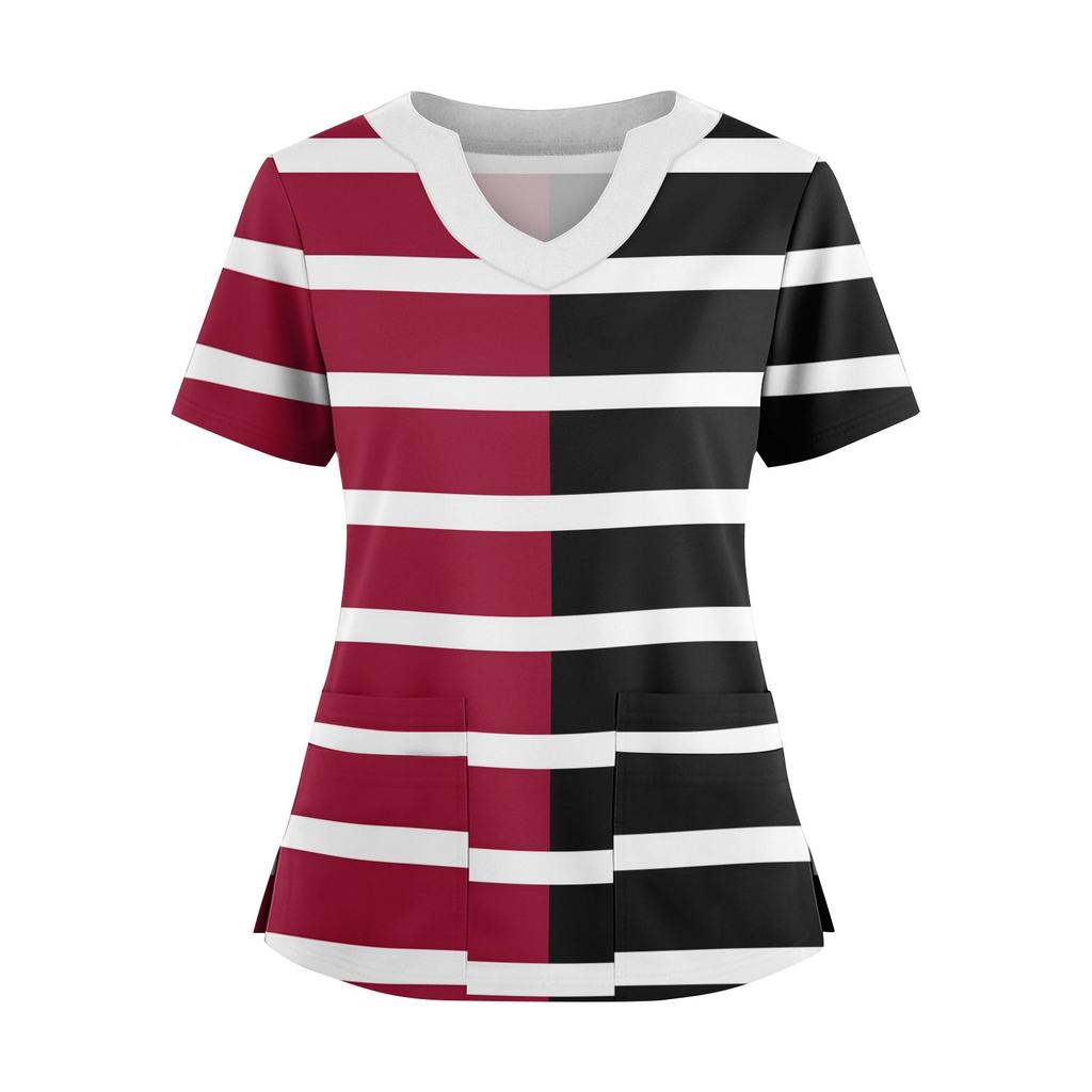 Women's Loose Short Sleeved Fashionable Stripes And Gradients Printing V-neck Buttonable Side Slit Top T-shirt