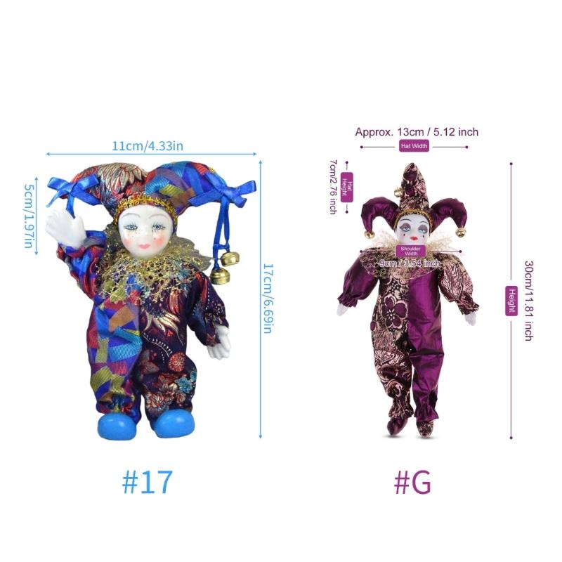 Movable Limb Ceramic Clown Statue with Handcrafts Fabric Outfit Holiday Decoration Collectible Clown Figurine Doll