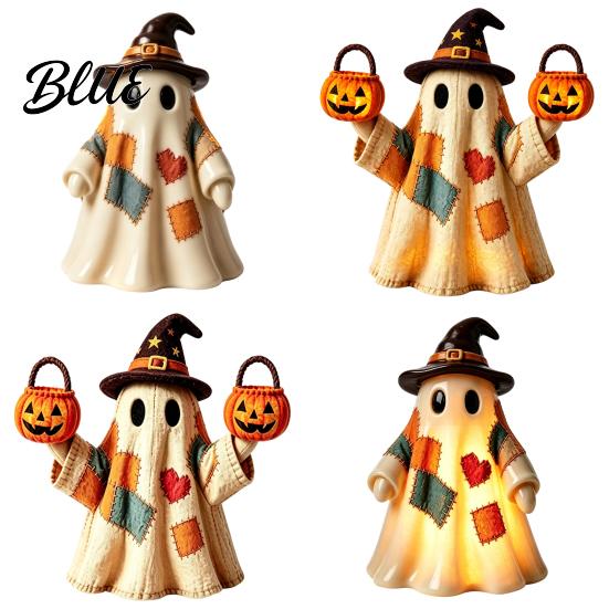 Nostalgic Fall Mantel Decor Lighted Vintage Patchwork Ghost LED Light Up Ghost with Pumpkin Lantern Spooky Classroom Halloween Desk Accessories Cute