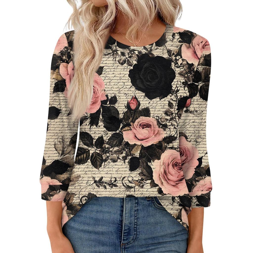 Women's Fashion Casual Round Neck 3/4 Sleeve Loose  Printed T-Shirt Ladies Top