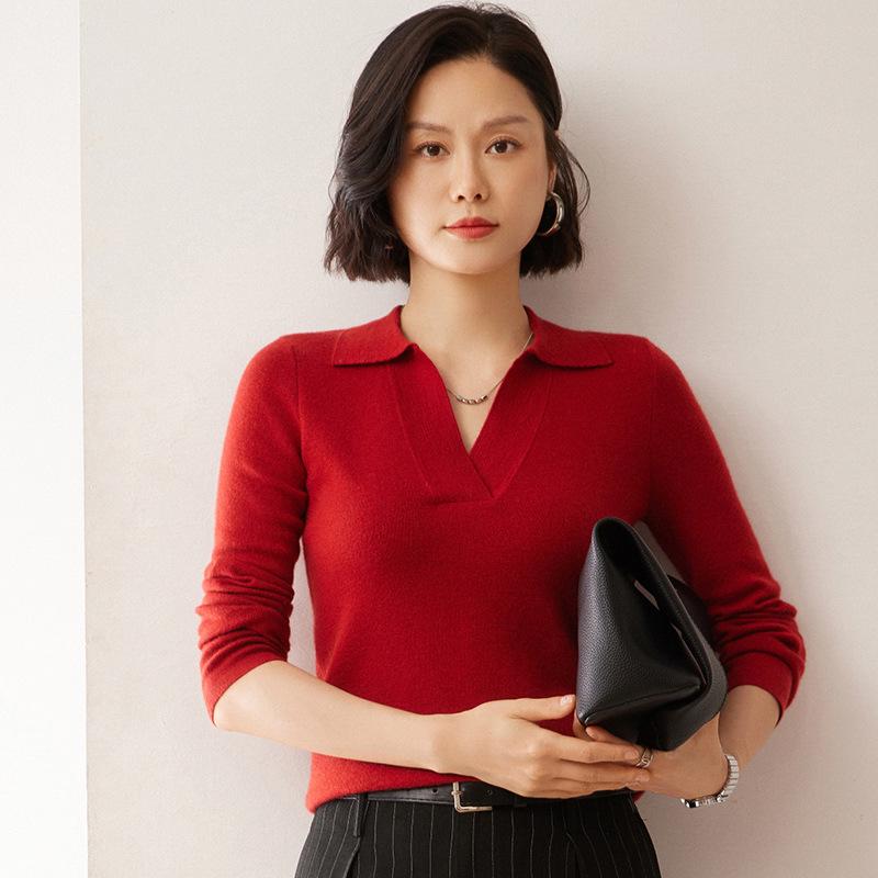 Women's Loose Cashmere Polo Neck Sweater - Autumn/Winter Long Sleeve Knit Pullover