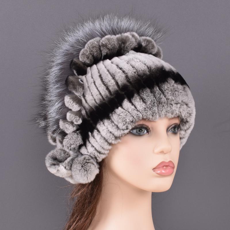 

Шапки из натурального меха для женщин Зимняя теплая стильная пушистая шапка из кроличьего меха Шапка-ушанка с лисьим цветочным принтом Высококачественная снежная шапка с помпонами One Size серый