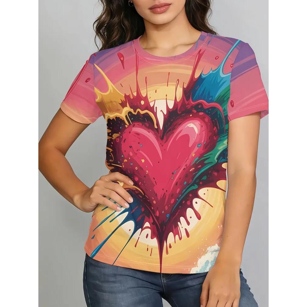 Beautiful Retro Colorful Creative 3D Printed Short Sleeved T-shirt Fashionable Comfortable Soft Breathable Large Loose Womens T-shirt